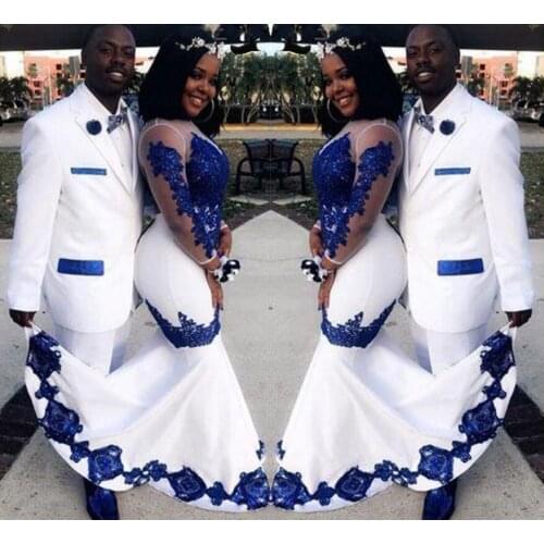New White/Royal Blue Lace Aso Ebi African Prom Dresses Long Illusion Sleeves Appliqued Mermaid Evening Formal Gowns Pageant