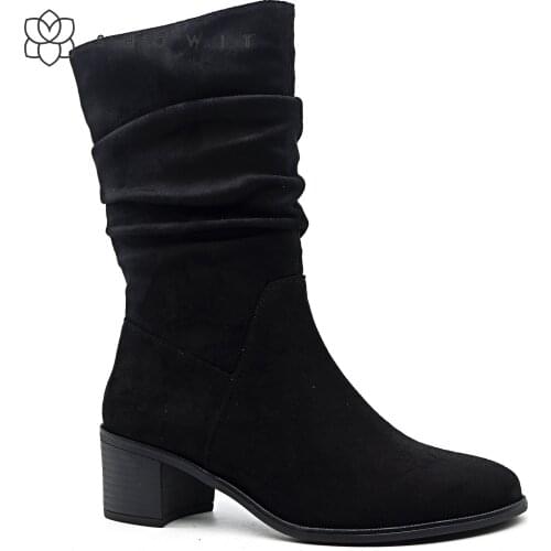 Autumn mid-calf boots Fashion Black Pleated style Womens boots Middle hoof heel footwear With Round Toe Fall zipper lady shoes