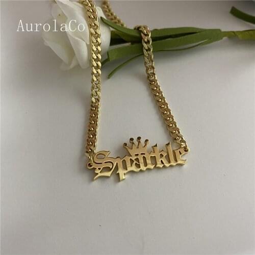 AurolaCo Personalized Custom Name Necklace Pendant Gold Color Cuban Chain Customized Nameplate Necklaces for Women/Men Gifts