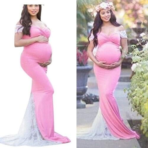 Maternity Dresses For Photo Shoot Shoulderless Stretchy Pink Cotton Pregnant Long Dress Gown Jersey Pregnancy Clothes plus Size
