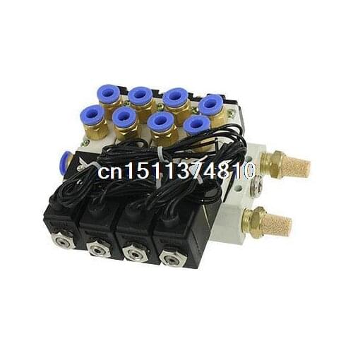 AC 220V Pneumatic Quadruple Solenoid Valve w Base Push In Fitting Muffler