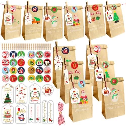 24Sets Merry Christmas Kraft Gift Bags Santa Claus Xmas Party Favor Bag with Advent Calendar Number Sticker Wrapping Supplies