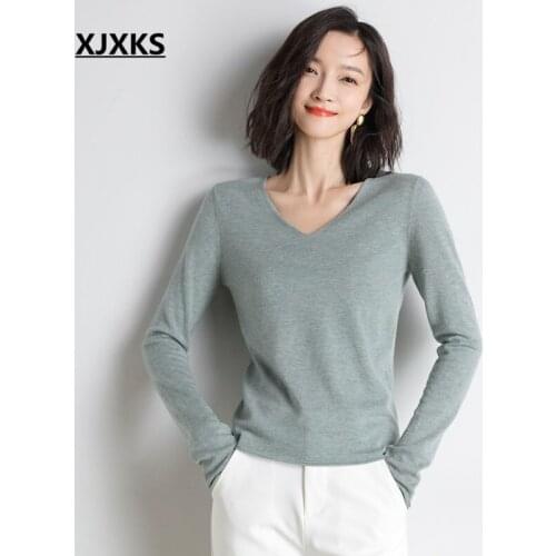 XJXKS Women Pullovers Sweaters Sexy V-neck Knitted Tops 100% Wool Sweater Long Sleeve Multi-colors Women Pullover