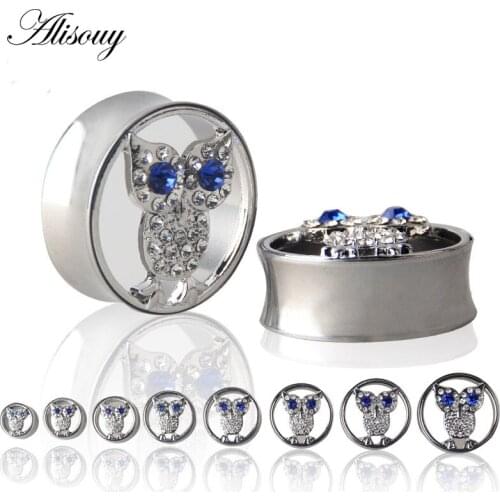 Alisouy 2Pcs Stainless Steel Hollow Owl Crystals Ear Gauges Plugs Tunnels Expanders Ear Stretchers Piercing Flesh Body Jewelry
