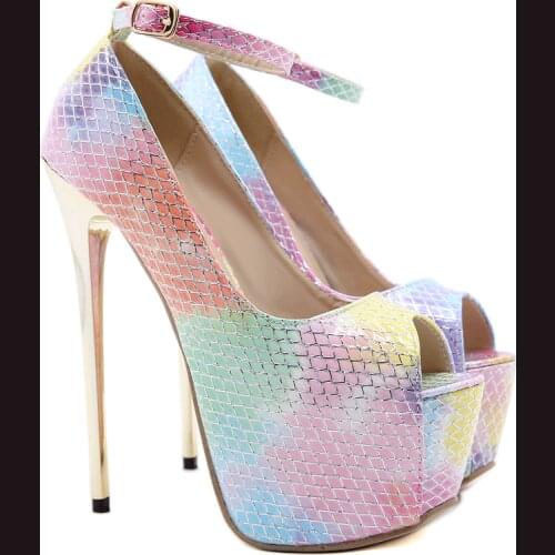 Plus Size Summer Women Shoes Color-snake-pattern Peep Toe Thick-bottom Ladies Pumps 16cm High Heels Club Party Female Shoes 42