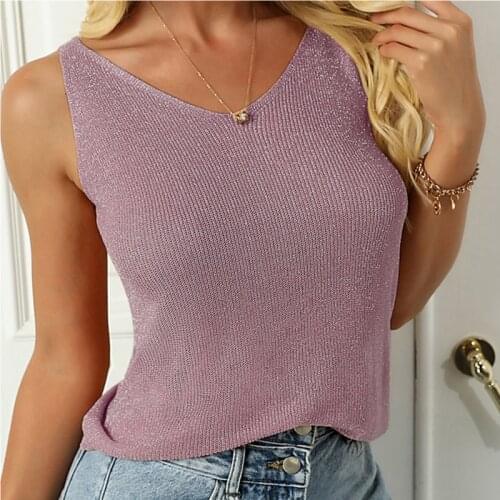 Sexy Knitted Tank Tops Women Gold Thread Top Vest Sequined V Neck Long Tank Tops Blusa Solid Silver Camis Fitness Sweater