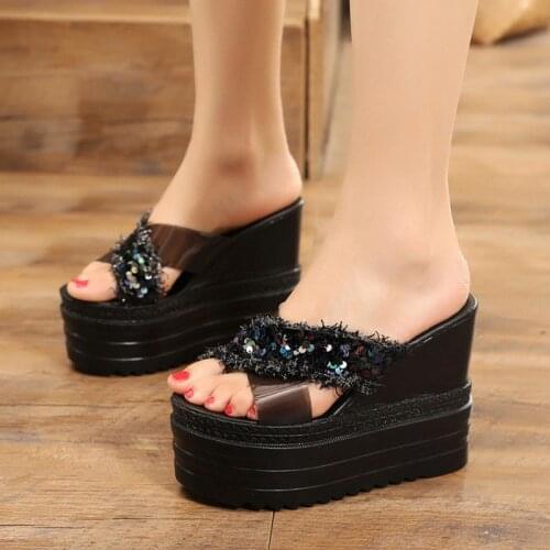 Womens Sandals For Women Ladies High Heel Slippers Women Summer Sequin Wedge Heels Sandels For Women Platform Slippers