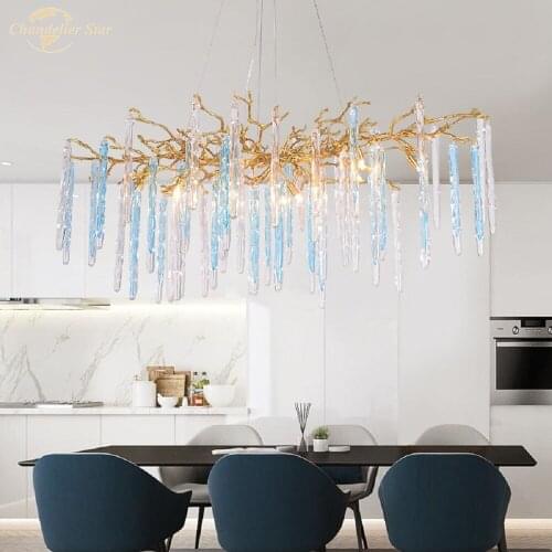 Modern Luxury LED Chandeliers Lighting Colorful Glass Tree Branch Copper Water Drop Lamp for Living Room Bedroom Dining Room