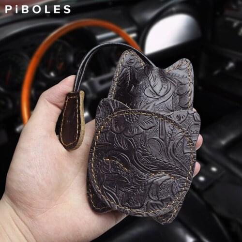 Cute Genuine Leather Housekeeper Key Holder Bag Handmade Cow Leather DIY Pull-type Car Smart Key Ring Keychain Keyring Universal