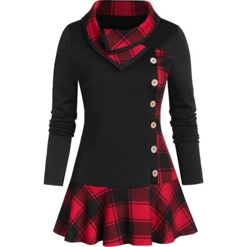 Plus Size T-shirt For Women Casual Patchwork Women Tops Tshirt Women Cowl Neck Long Sleeve T Shirt Plaid Buttons T-shirt Female