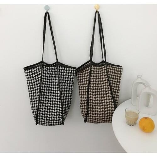 Women Bag Wool Tote Bag Open Pocket Houndstooth Vintage Soft Shoulder Bag Handbag High-Capacity Vintage Women Bag Mori Girl
