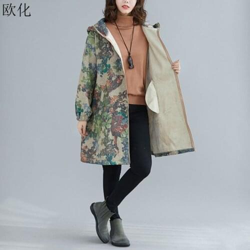 Women Hooded Jackets Coat Plus Size 4XL 5XL 6XL Vintage Art Print Cotton Linen Zipper Overcoat Winter Big Size Loose Velvet Coat