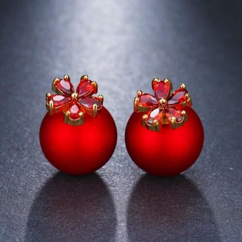 Emmaya Famous Brand Red Pearl 2 Ways to Way Zircon Earrings for women and girl Luxury Cubic Zirconia Stud Earrings Jewelry