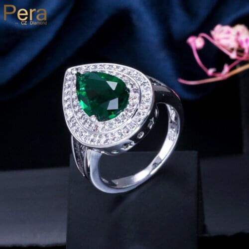 Pera High Quality Big Water Drop Clear White Cubic Zirconia Stone Paved Luxury Women Wedding Finger Rings For Brides Gift R053