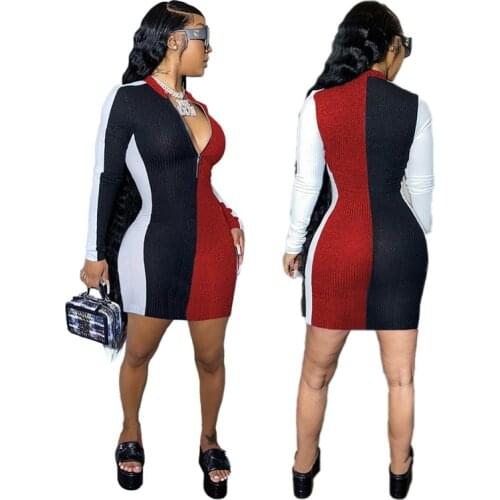 ZKYZWX Rib Patchwork Bodycon Dress for Women Sexy Fashion Plus Size Fall Full Sleeve Zip V-neck Night Party Club Mini Dresses