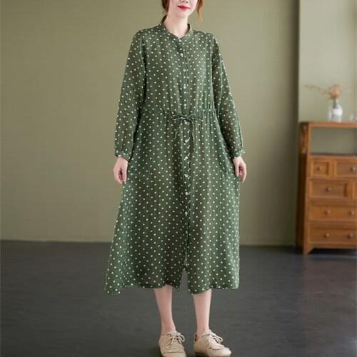 2021 New Arrival Korea Style Print Dot Fashion Women Casual Autumn Blouse Dress Cotton Linen Vintage Office Lady Work Dress