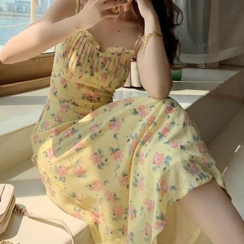 Bella Philosophy Summer Sweet Print Strap Dress Kawaii Vintage Elegant Gentle Lace Ruffles Slim Dress Korean Casual Beach Dress