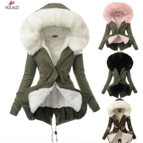 Ladies Winter Faux Fur Lining Hooded Long Sleeve Thicken Plus Cashmere Overcoat Jacket Medium Long Removable Hooded Parka Coat