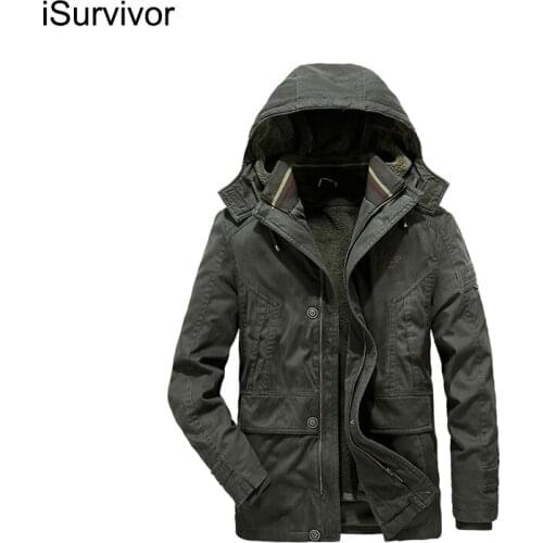 ISurvivor Winter Mens New Style Removable Hooded Cotton Jacket With Fleece Liner Mens Mid-Length Thick Warm Cotton Jacket