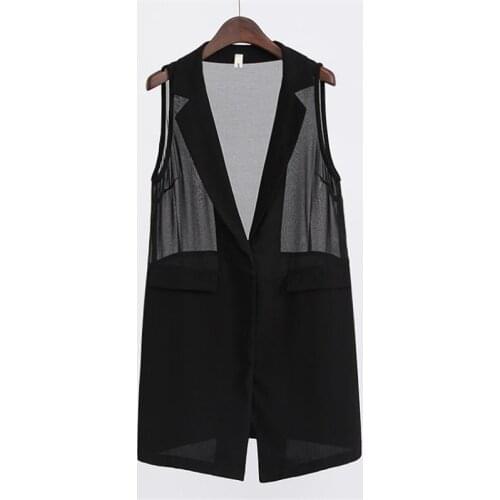 2021 Summer Vest Jacket Women Plus size 5XL Black Chiffon Sleeveless Blazers Outerwear Female Perspective Casual Waistcoat