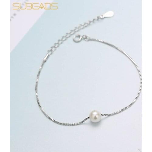 Subeads 925 Sterling Silver Synthesis Pearl Bracelet For Women Girls Adjusstable Link Chain Bracelet Fine Jewelry Gifts 16cm
