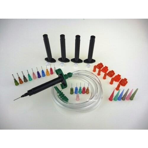 Black Air Syringe SMT SMD PCB Solder Paste Adhesive Glue Liquid Dispenser Kit(Syringe barrels, Adapter, dispense tips)