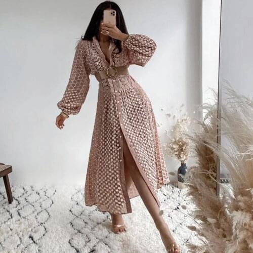 Foridol Flower Embriodery Cotton Dress Autumn Winter Lace Cotton Button Up Dress Lantern Sleeve Pink Shirt Dress Elegant Dres