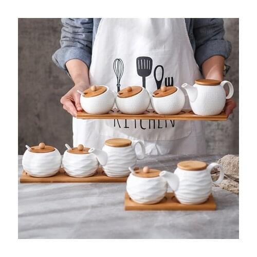 Kitchen Accessories Ceramic Spice Box Set + Bamboo Tray, Salt Sugar Seasoning Jar Set Tank Storage box Dispensing Bottle Home De