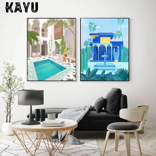 Morocco Wall Art Prints Travel Posters Marrakech Riad Jardin Majorelle Landscape Canvas Painting Nordic Wall Pictures Home Decor