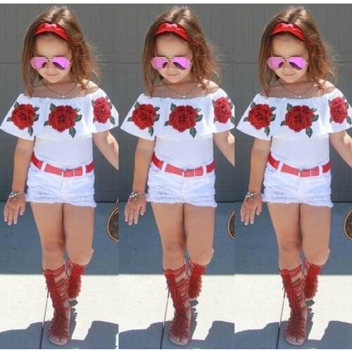 Fashion Kids Baby Girl Flower Off Shoulder T shirt Tops +Ripped Hole Pants Shorts Summer 2PCS Outfit Clothes Set