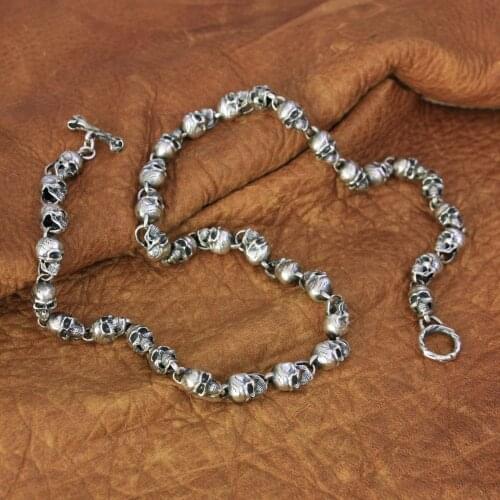 Mens Biker Rock Punk Necklace 925 Sterling Silver Detail Skulls Necklace TA169N
