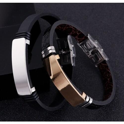 2021 New European and American Mens Fashion Titanium Steel Silicone Leather Processing Custom Lettering Titanium Steel Bracelet