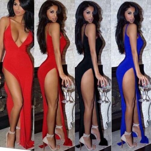 2021 Deep V Dress Sling Nude Back Long Skirt Party Dress Deep Diving Club Suit Dress Sexy Bare Chest High Thigh Split