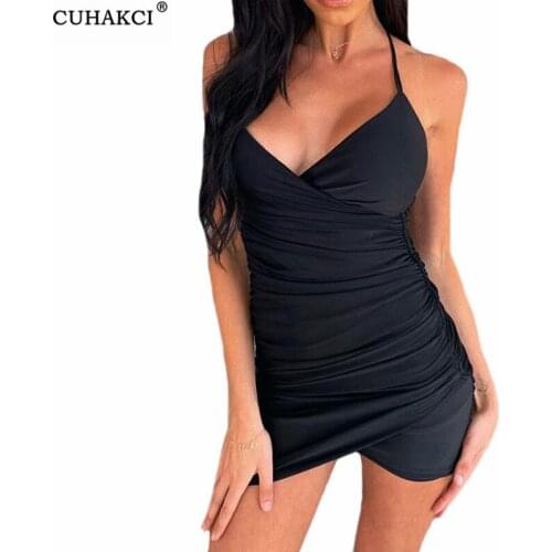 CUHAKCI Fashion Strap Ruched Summer Sexy Dresses Women Bodycon Clubwear Party Black Sundress Skinny Partywear Female Vestidos