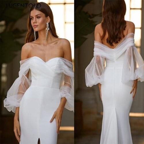 Sexy Dress Women Mesh Long Sleeve Slash Neck Low-cut Dresses Ladies Party White Split Fork Dinner Long Dress Lugentolo
