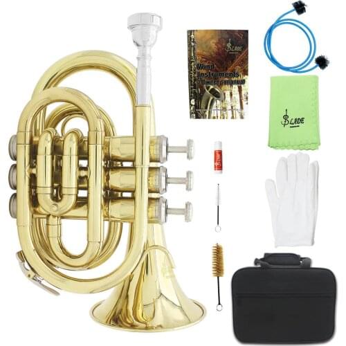 Ammoon Professional Pocket Trumpet Tone Flat B Bb Brass Wind Instrument with Mouthpiece Gloves Cloth Brush Grease Hard Case