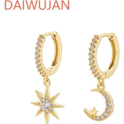 DAIWUJAN Asymmetric Zircon Star Moon Round Earrings For Women Punk 925 Sterling Silver Hoop Earrings Ear Buckle Party Jewelry