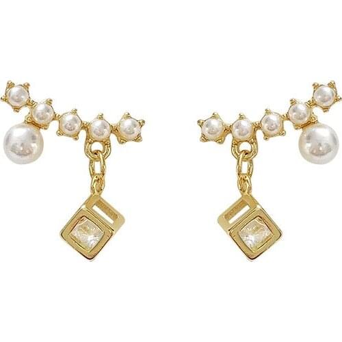 TIMEONLY Creative Cube CZ Zirconia Simulation Pearl Dangle Earring for Women Girls Arc Shape Earring Party Gifts Accessories