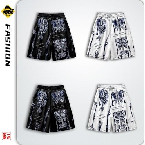 Mens Leisure Jogging Streetwear Beach Pants Man Summer Muscle Fitness Sports Shorts Training Quick-Drying Skeleton Print Shorts