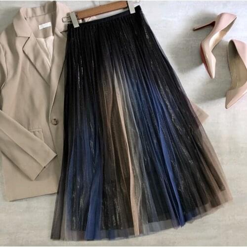 Srping Summer Women Pleated Skirts Gradient Color Rainbow Striped Glitter Mesh Skirts Bling Bling Silver High Waist Long Skirts