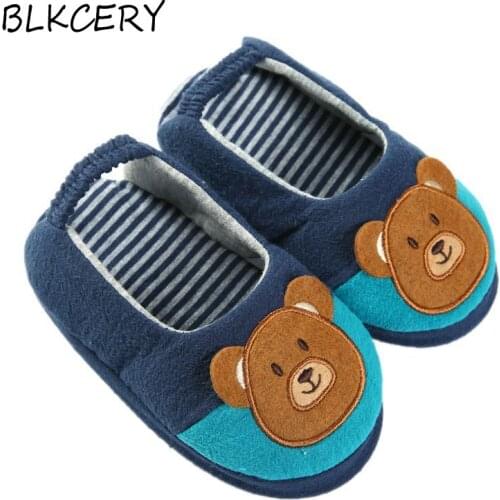 Toddler Boys Slippers Cartoon Bear Plush Warm Shoe Little Kids Loafers Winter House Shoes Girls Soft Rubber Sole Home Footwear
