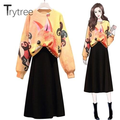 Trytree 2020 Autumn Winter Two piece Women Set Casual O-neck Cartoon Print Sweater + Elastic Waist Skirt Knitted 2 Piece Suit