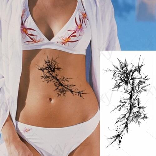 Temporar Tattoo Sticker Black Cool Thorn Rose Flower Plant Waterproof Art Water Transfer Fake Tatoo Flash Tatto for Men Women