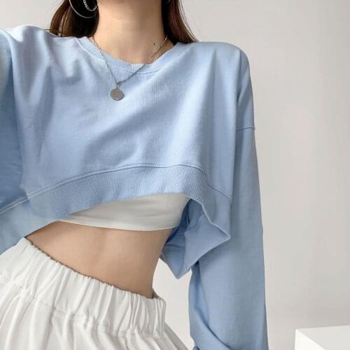 Women Short Sweatshirts Autumn Ladies Korean O-Neck Long Sleeve Solid Color Bare Navel Cropped Loose Pullover Top WDC8268