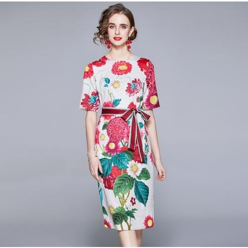 Fashion Runway Summer Dress Women Short Sleeve Multicolor Floral Print Lace up Belt Ladies Midi Dresses vestidos K3819
