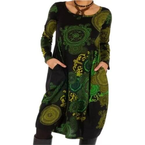 Women 2021 Loose Floral Boho Vintage Spring Winter Printed Dress Full Long Sleeve Cotton Pocket Full Party Dresses Plus Sizes