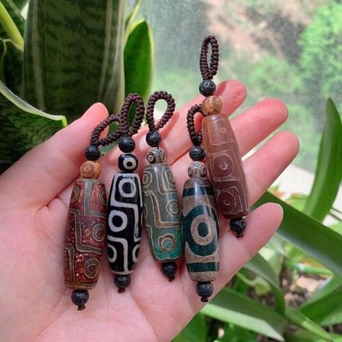 40mm Natural Tibetan Dzi Agates Pendant Pendulum Green Black Nine Eyed Agat Stone Pendant for Keychain Healing Jewelry Women Men