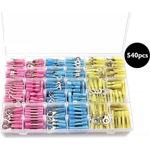 540Pcs Heat Shrink Spade Connector Electrical Insulated Crimp Ring Butt Terminals Waterproof Marine Automotive Wire Connectors