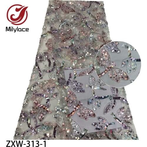African French Net Lace Fabric High Quality Sequins Beaded Bridal Tulle Mesh Lace Embroidered Beaded Fabric ZXW-313