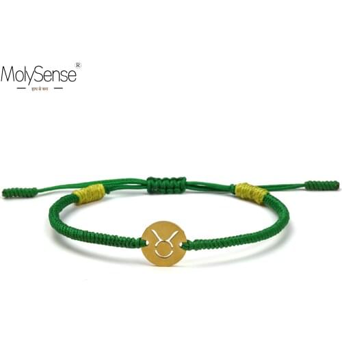 MolySense Taurus Handmade Golden Color 12 Constellation Zodiac Stainless Steel Charm Bracelets For Her Him Wax Macrame Bracelet